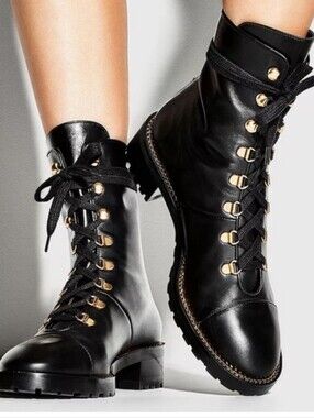 Stuart Weitzman Black Leather Lace-Up Boots with Gold Hardware - Size 5